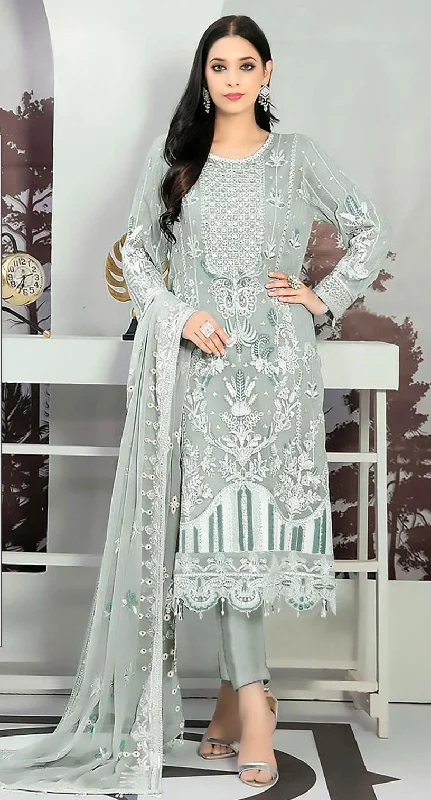 Women's Grey Organza Embroidered With Handwork Kurta With Trouser & Dupatta - Jyoti Fashion Trousers practical durable