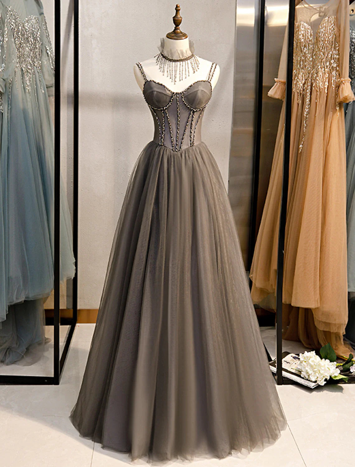 A-Line Prom Dresses Open Back Dress Formal Wedding Guest Floor Length Sleeveless Spaghetti Strap Tulle with Pleats Crystals Elegant Long Evening A-Line Prom Dresses Open Back Dress Formal Wedding Guest Floor Length Sleeveless Spaghetti Strap Tulle with Pleats Crystals Elegant Long Evening