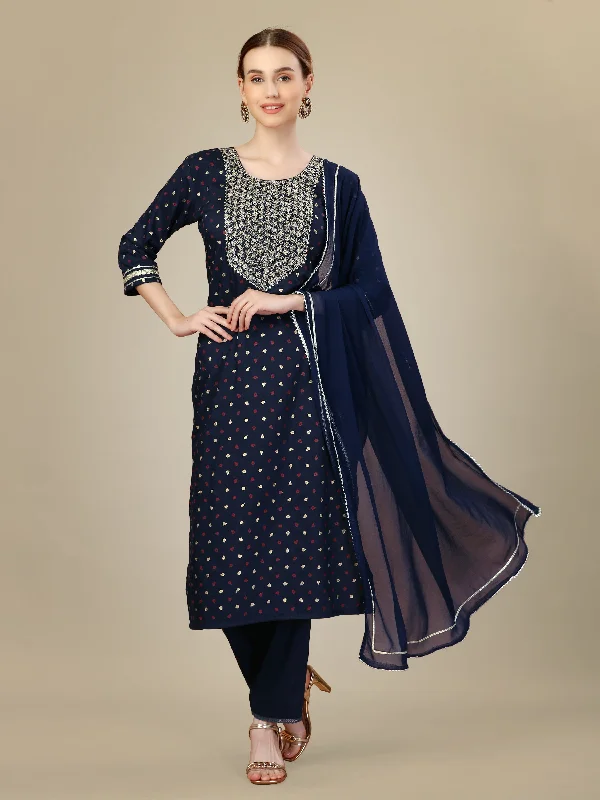 Women's Navy Blue Silk Blend Embroidery & Sequence Work Kurta With Trouser & Dupatta - Jyoti Fashion Trousers Seasonal Trendy
