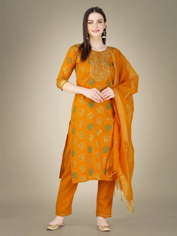 Women's Yellow Cotton Magic Slub Embroidery & Sequence Work Kurta With Trouser & Dupatta - Jyoti Fashion Trousers Low Rise Relaxed