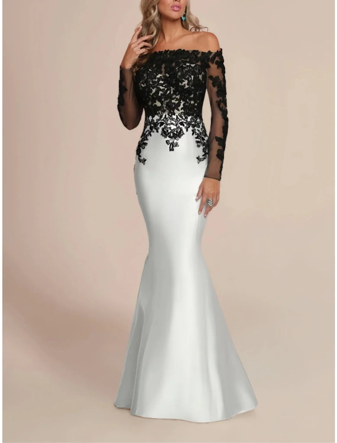 Mermaid / Trumpet Evening Gown Elegant Dress Formal Wedding Guest Floor Length Long Sleeve Off Shoulder Satin with Pleats Appliques Tunics Luxurious high-end Mermaid / Trumpet Evening Gown Elegant Dress Formal Wedding Guest Floor Length Long Sleeve Off Shoulder Satin with Pleats Appliques Tunics Luxurious high-end