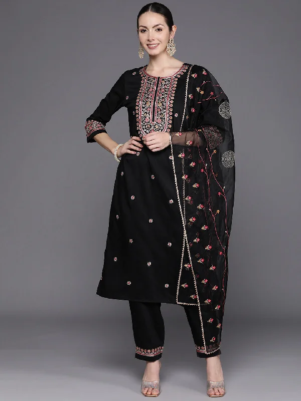 Women's Black Embroidered Straight Kurta Trousers With Dupatta Set - Indo Era High Waist Slim Fit Ankle Length