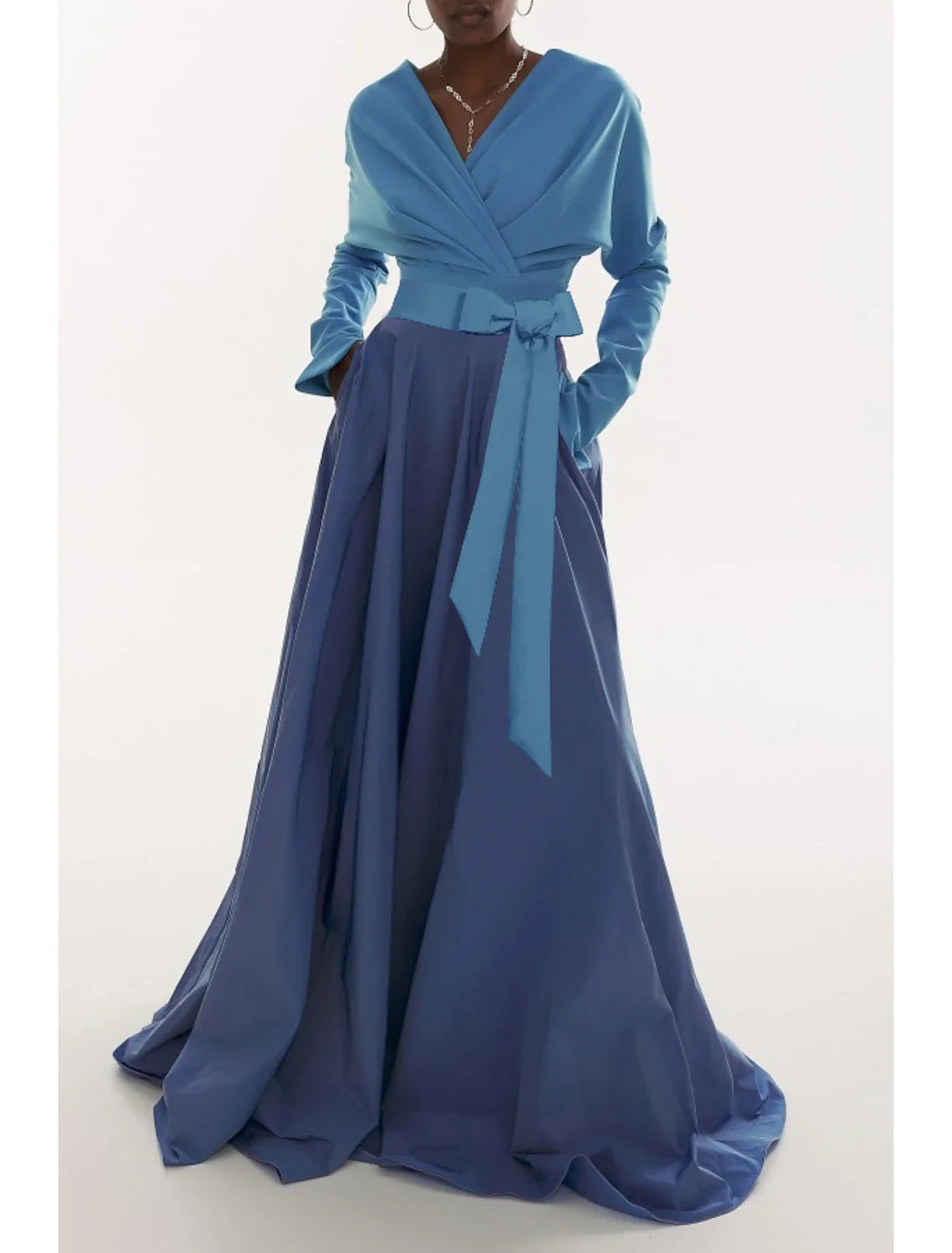 A-Line Evening Gown Elegant Dress Formal Fall Sweep / Brush Train Long Sleeve V Neck Stretch Fabric with Pleats Ruched Tunics Winter warm A-Line Evening Gown Elegant Dress Formal Fall Sweep / Brush Train Long Sleeve V Neck Stretch Fabric with Pleats Ruched Tunics Winter warm