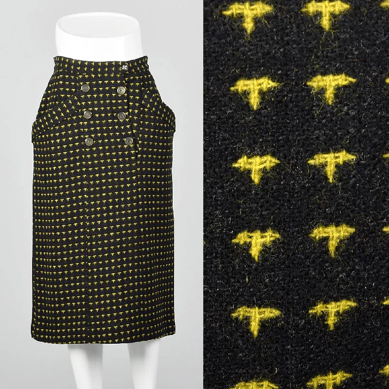 Small 1950s Charcoal and Yellow Patterned Pencil Skirt leather skirt sleek