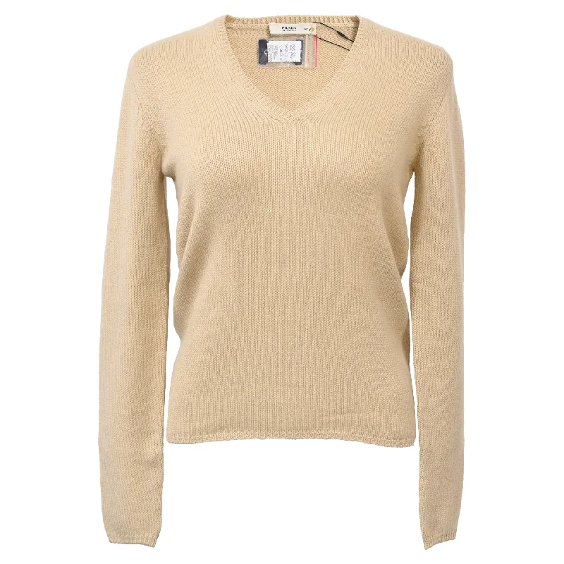 Prada V-Neck Sweater in Beige Wool Wool Fabric Cashmere Fabric Tweed Fabric