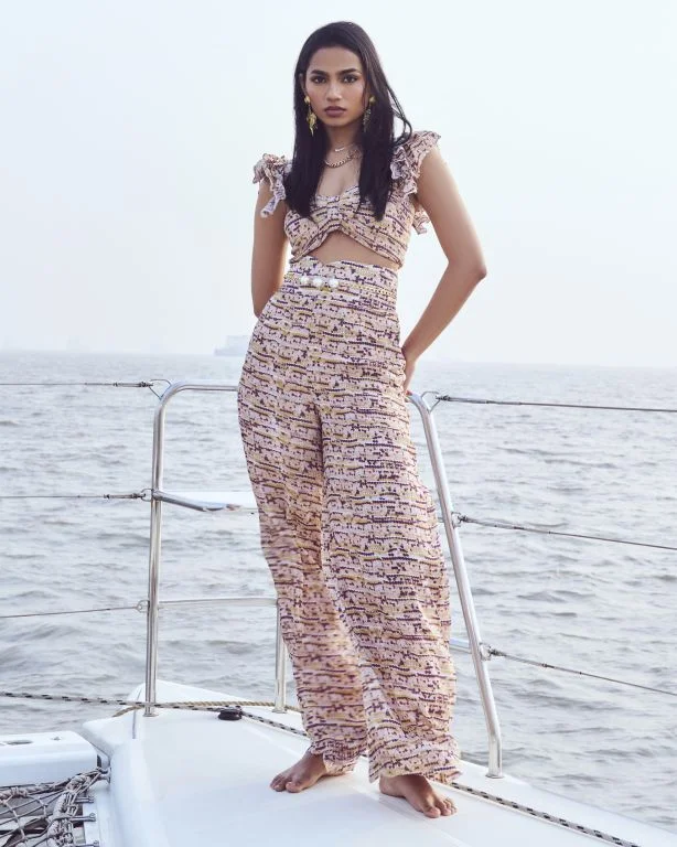 Sequin Printed Crop Top & High-Waist Flare Pants Set Collared Crew Neck Turtle Neck