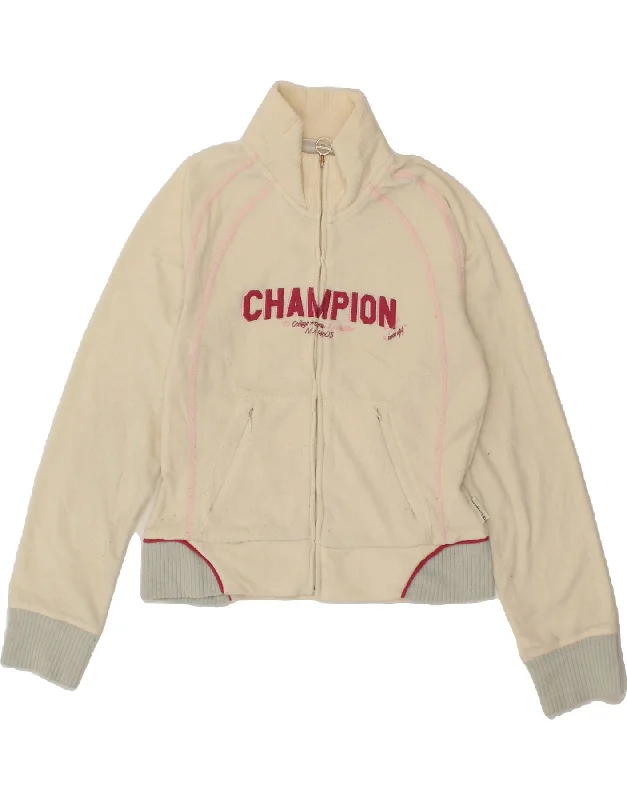CHAMPION Womens Graphic Fleece Jacket UK 12 Medium Off White Tailored Jacket Straight Jacket A-Line Jacket