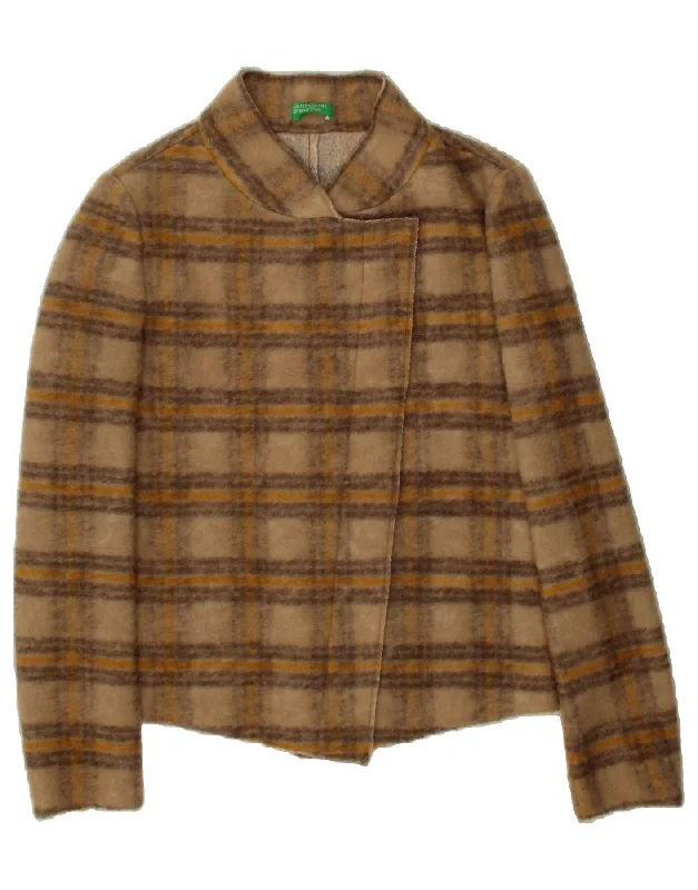 BENETTON Womens Blazer Jacket UK 12 Medium Brown Check Polyester Notch Collar Peter Pan Collar Cowl Neck