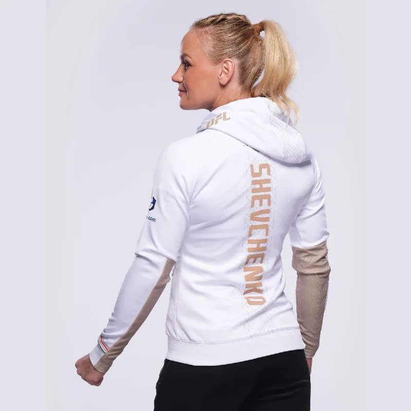Noche UFC by Venum Fighters Authentic Fight Night Womens Walkout Hoodie - Valentina Shevchenko -  White Graphic Hoodie Design Print