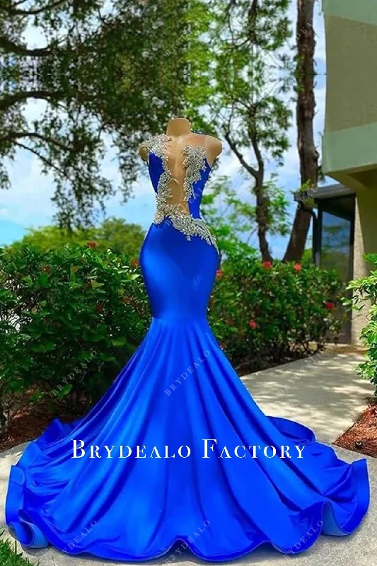 Royal Blue Jersey Trumpet Beaded Illusion Sleeveless Custom Prom Gown Sustainable Jersey Tee