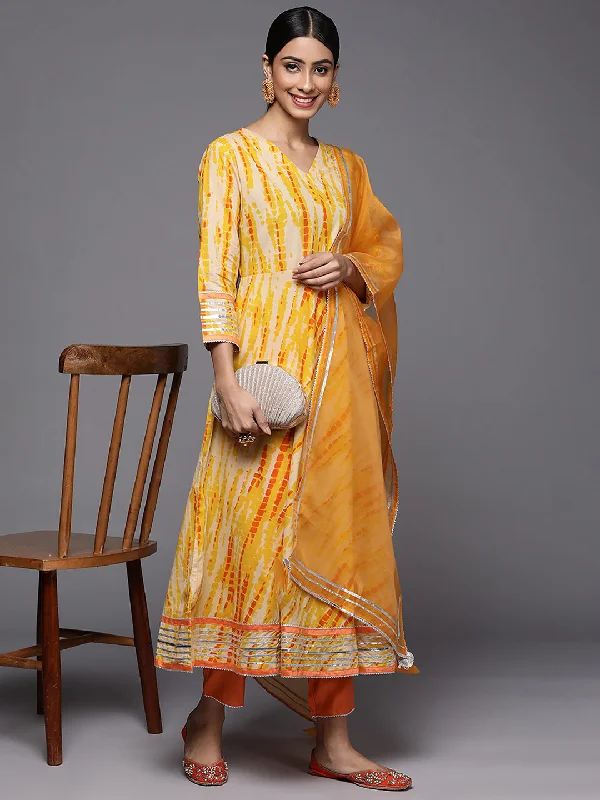 Women's Yellow Tie & Dye A-Line Kurta Trouser With Dupatta Set - Indo Era Trousers Elastic Waist Soft