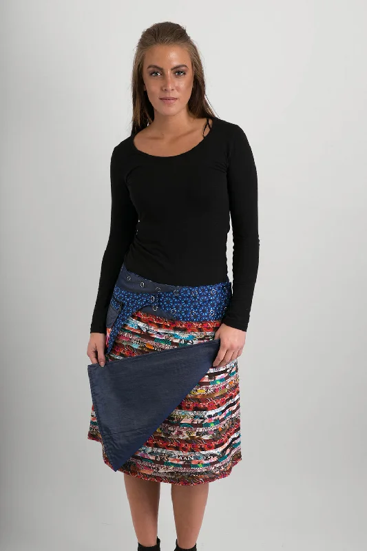 Reversible Cotton Skirt Brown Patch Denim Detachable Pocket a-line skirt cut