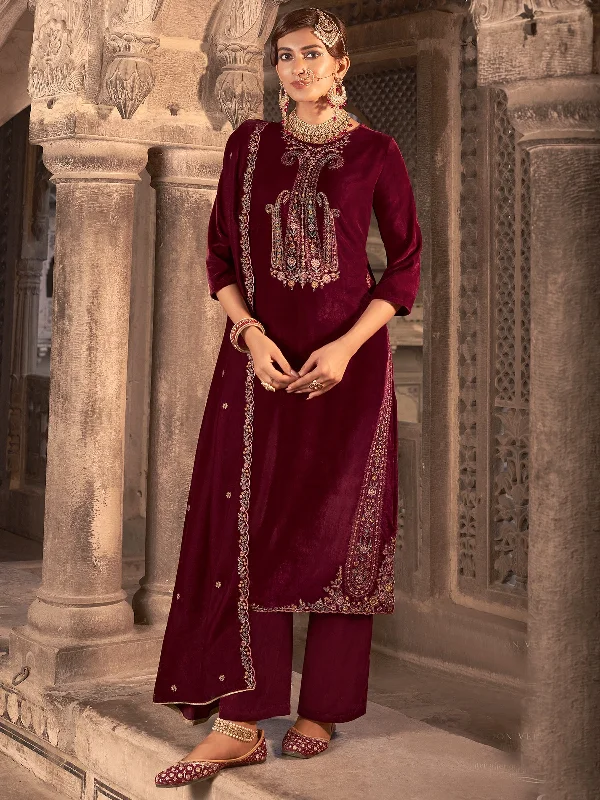 Women's Maroon Velvet Floral Resham Thread With Jari Work Kurta With Trouser & Dupatta - Jyoti Fashion Trousers Hiking Durable