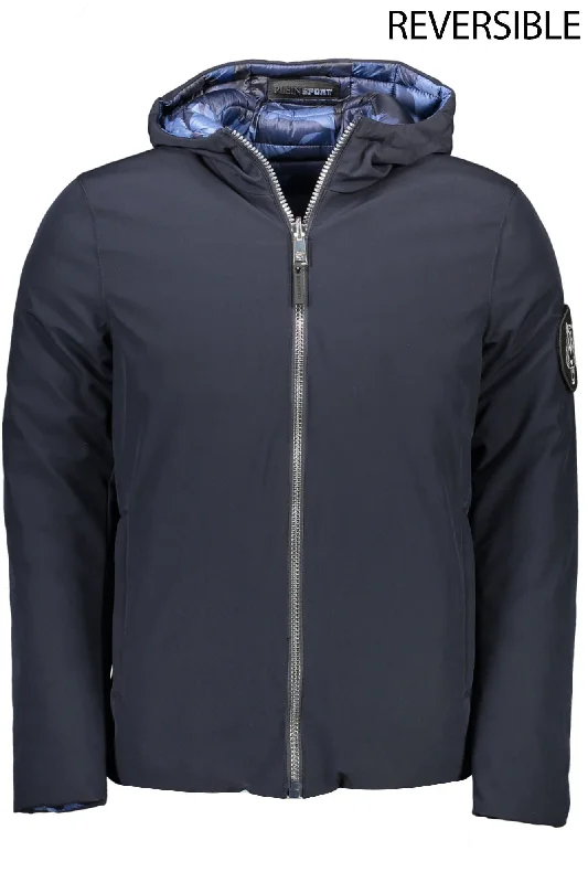 Reversible Hooded Blue Jacket With Logo Detail Boat Neck Shawl Collar Notched Collar