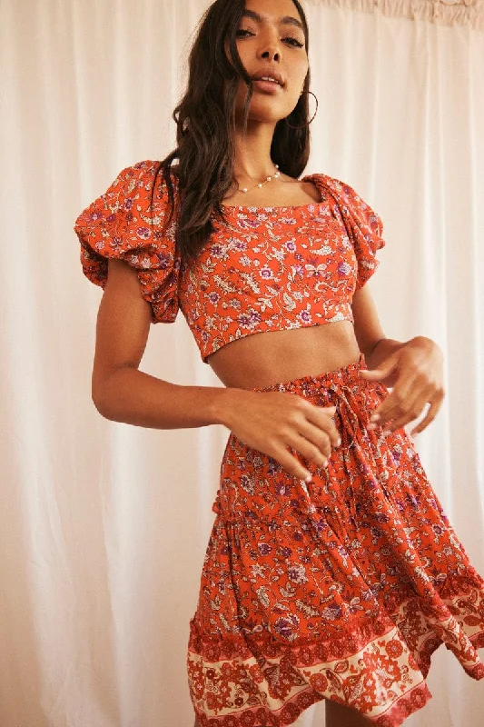 Red Boho Crop Top Short Sleeve Off Shoulder Full Volume Lace Blend Ribbed Blend Corduroy Blend
