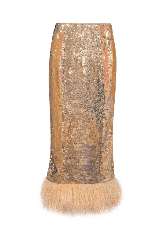 ORANGE SEQUIN MIDI SKIRT WITH FEATHERS high slit skirt