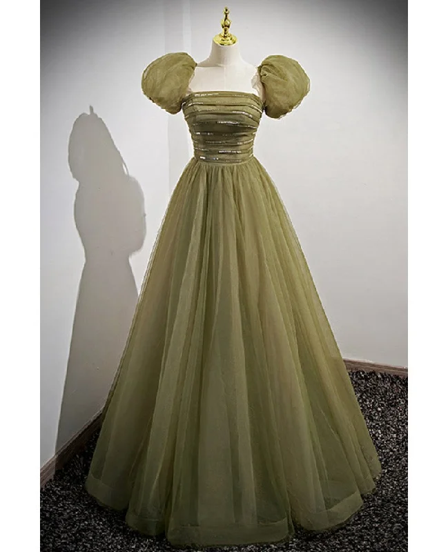 Simple and minimalist clover green square neckline fluffy short sleeved sequin ball dress in clover A-line princess backless and ground length evening dress Tunics Luxurious high-end Simple and minimalist clover green square neckline fluffy short sleeved sequin ball dress in clover A-line princess backless and ground length evening dress Tunics Luxurious high-end