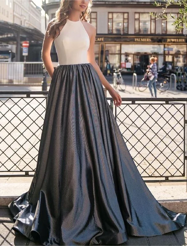 A-Line Evening Gown Color Block Dress Wedding Prom Floor Length Sleeveless Stand Collar Stretch Chiffon with Glitter Cowl Neckline Elegant A-Line Evening Gown Color Block Dress Wedding Prom Floor Length Sleeveless Stand Collar Stretch Chiffon with Glitter Cowl Neckline Elegant