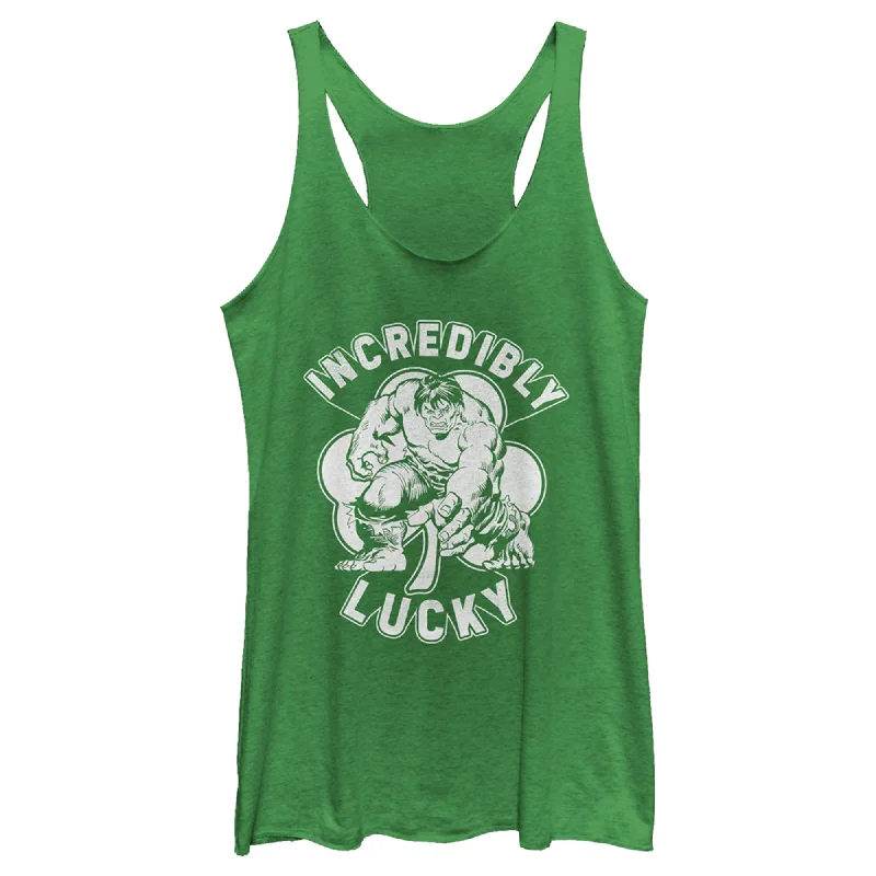 Women's Marvel St. Patrick's Day Hulk Incredibly Lucky Clover Racerback Tank Top gold tank top