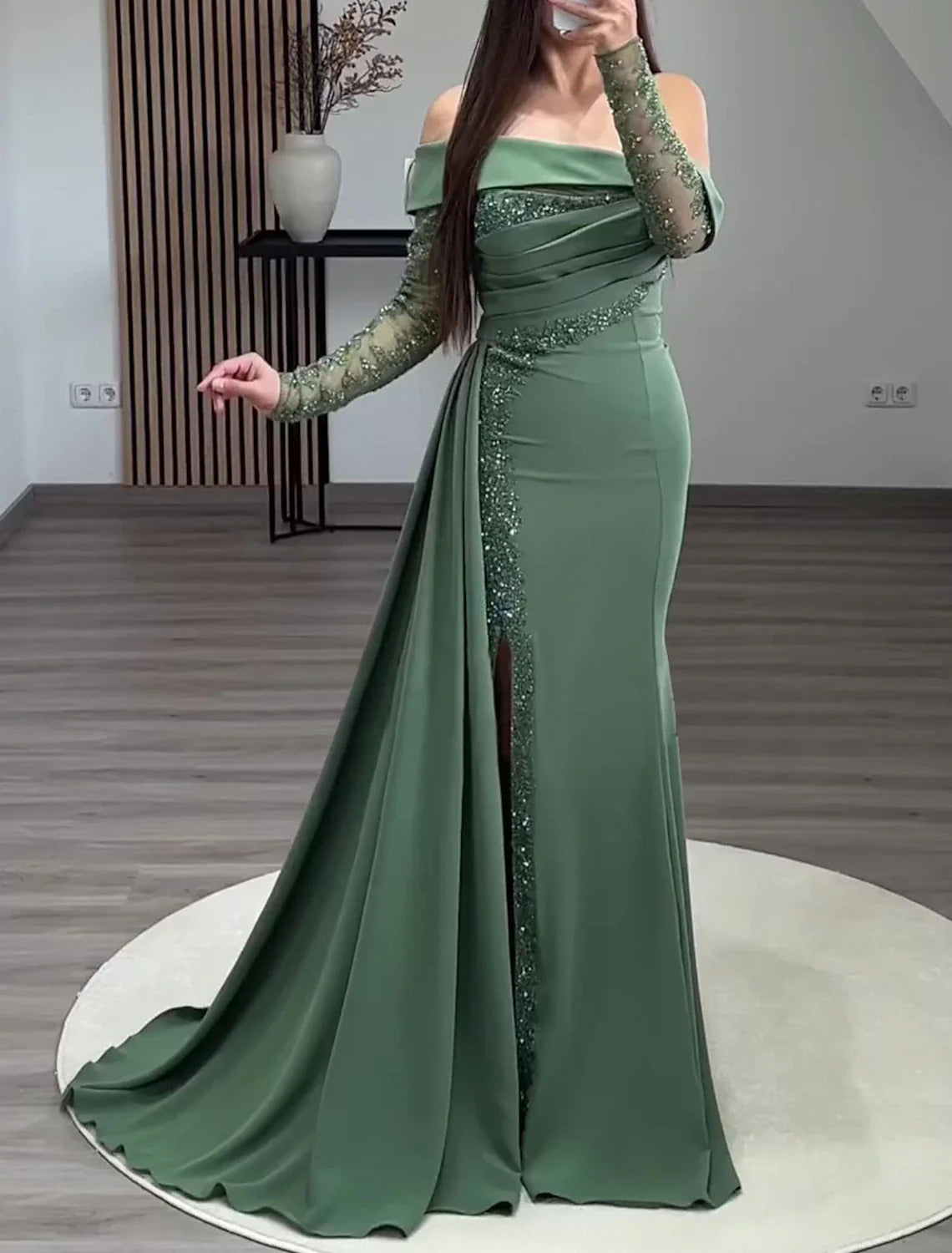 Sheath / Column Glitter Evening Gown Elegant Dress Formal Prom Floor Length Long Sleeve Off Shoulder Stretch Fabric with Ruched Sequin Shift Classic Vintage Sheath / Column Glitter Evening Gown Elegant Dress Formal Prom Floor Length Long Sleeve Off Shoulder Stretch Fabric with Ruched Sequin Shift Classic Vintage