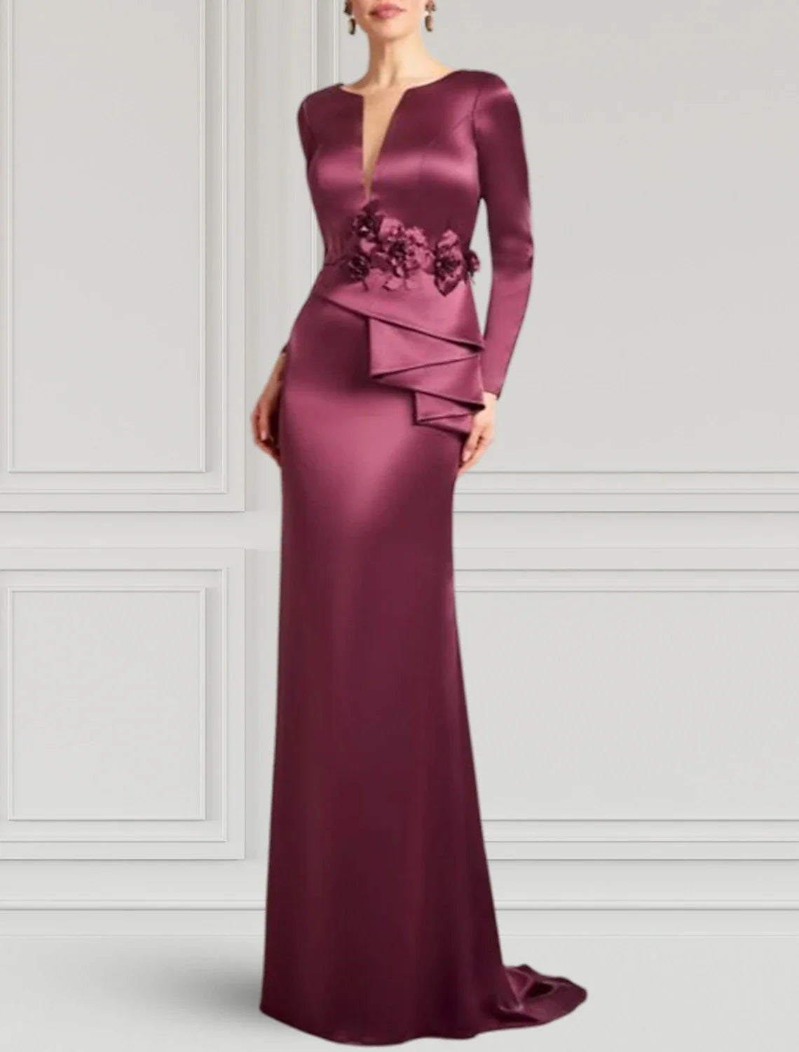 Sheath / Column Evening Gown Elegant Dress Formal Wedding Guest Sweep / Brush Train Long Sleeve V Neck Satin with Appliques Tunics Business professional Sheath / Column Evening Gown Elegant Dress Formal Wedding Guest Sweep / Brush Train Long Sleeve V Neck Satin with Appliques Tunics Business professional