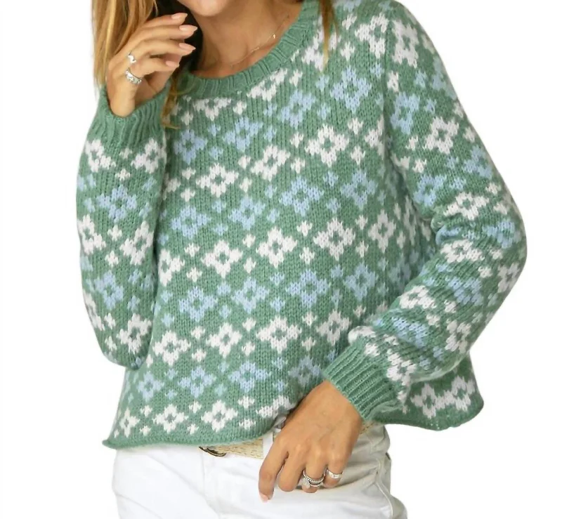 Fair Isle Sweater In Green Multi Collared Crew Neck Turtle Neck