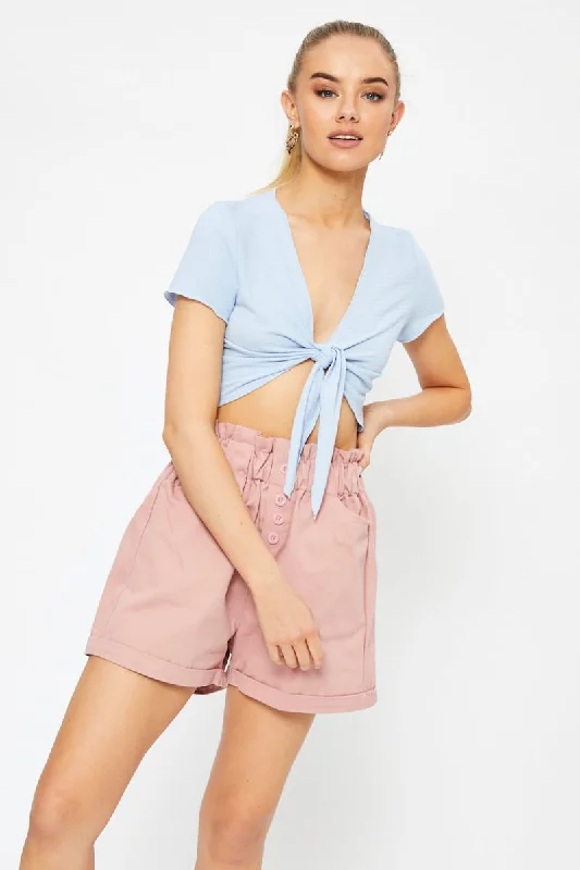 Blue Short Sleeve Textured Jersey Knot Front Crop Top Silk Blend Satin Velvet