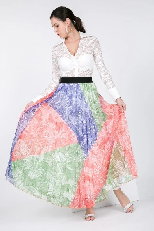 Color Block Pleated Maxi Skirt leather skirt bold