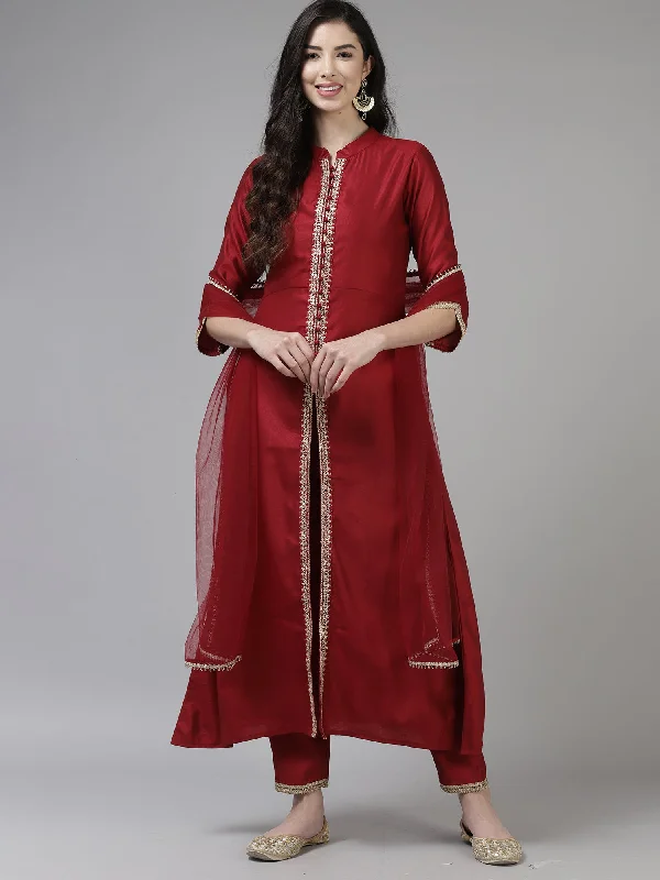 Women's Red Embroidered Straight Kurta Trouser With Dupatta Set - Indo Era Trousers luxurious premium