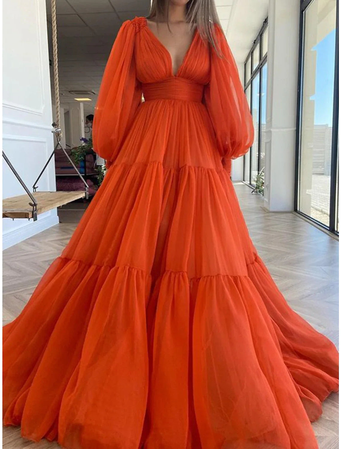 A-Line Evening Gown Elegant Dress Red Green Dress Formal Wedding Guest Floor Length Long Sleeve V Neck Chiffon with Ruched Tunics Silk luxurious A-Line Evening Gown Elegant Dress Red Green Dress Formal Wedding Guest Floor Length Long Sleeve V Neck Chiffon with Ruched Tunics Silk luxurious