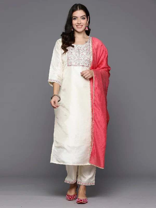 Women's Cream Embroidered Straight Kurta Trousers With Dupatta Set - Indo Era Trousers Chinos Classic