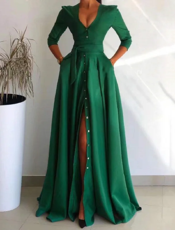 A-Line Evening Gown Elegant Dress Formal Christmas Sweep / Brush Train 3/4 Length Sleeve V Neck Satin with Buttons Slit Tunics Designer luxury A-Line Evening Gown Elegant Dress Formal Christmas Sweep / Brush Train 3/4 Length Sleeve V Neck Satin with Buttons Slit Tunics Designer luxury