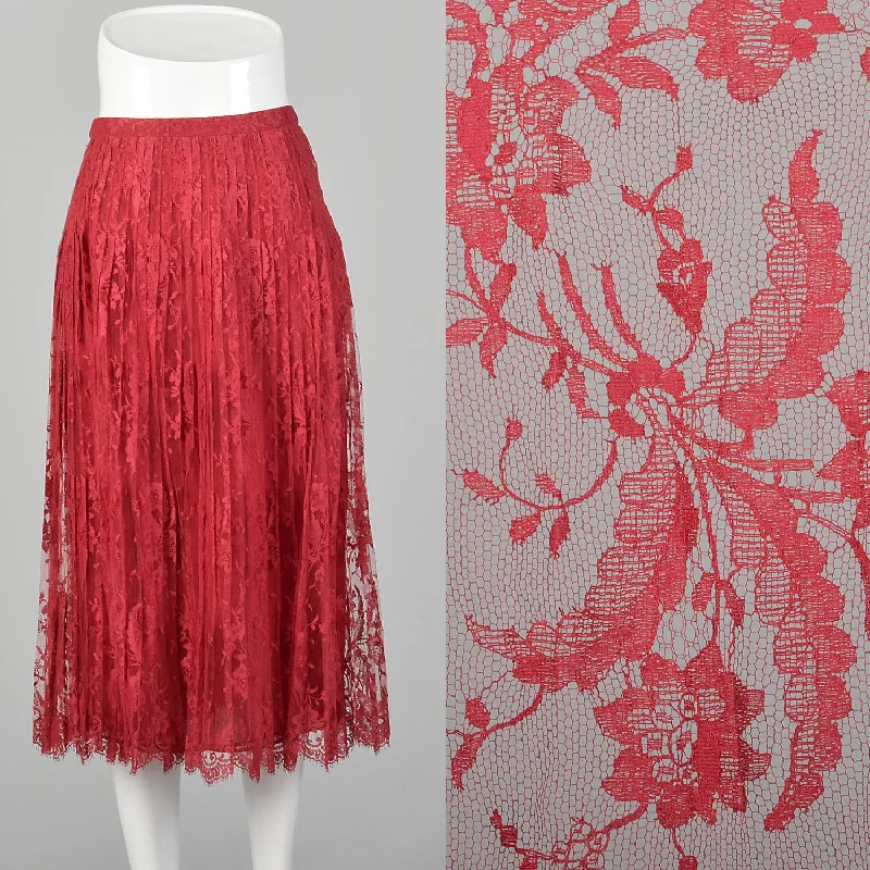 Small 1970s André Laug for Audrey Red Lace Pleated Skirt a-line skirt cut