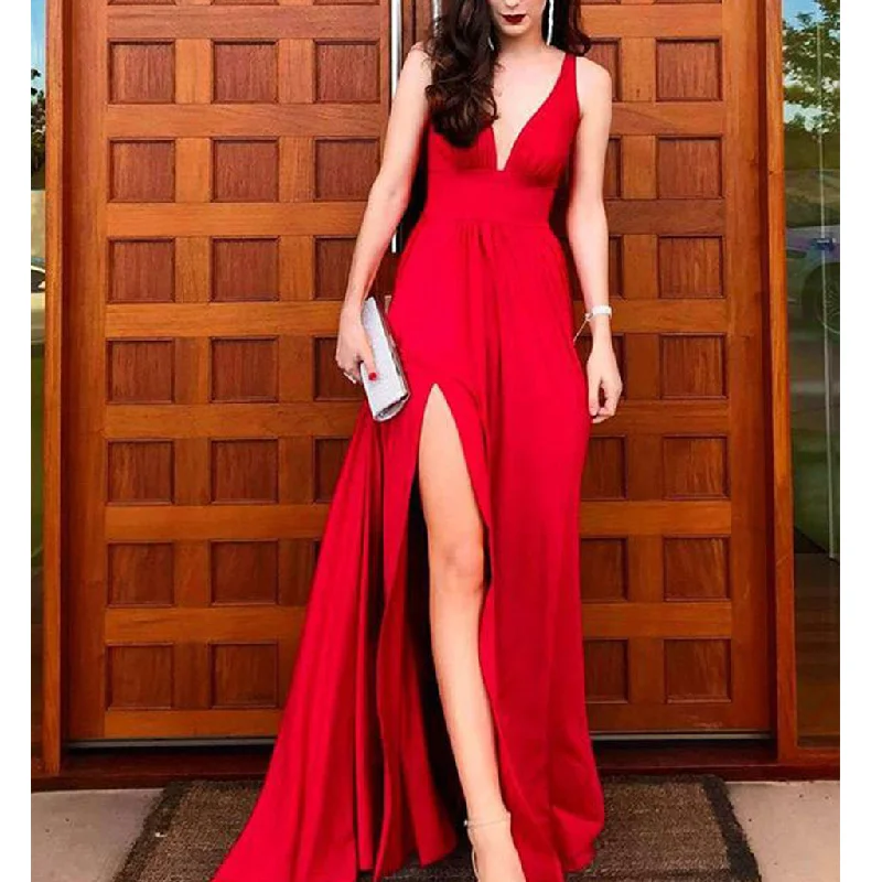 Charming Jersey V-neck A-line Sexy Slit Prom Dresses, FC2042 Tunics Long Elegant