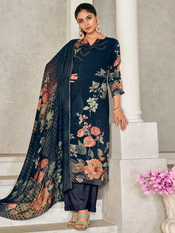 Women's Navy Blue Pashmina Floral Digital Printed Kurta With Trouser & Dupatta - Jyoti Fashion Trousers cozy soft