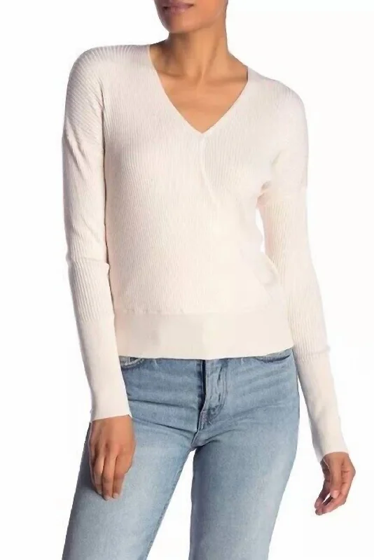Faux Wrap Ribbed Knit Surplice V Neck Sweater In Ivory Slim Fit Regular Fit Oversized