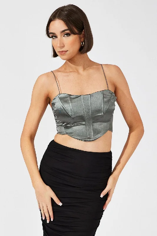 Grey Corset Crop Top Straps Houndstooth Herringbone Solid