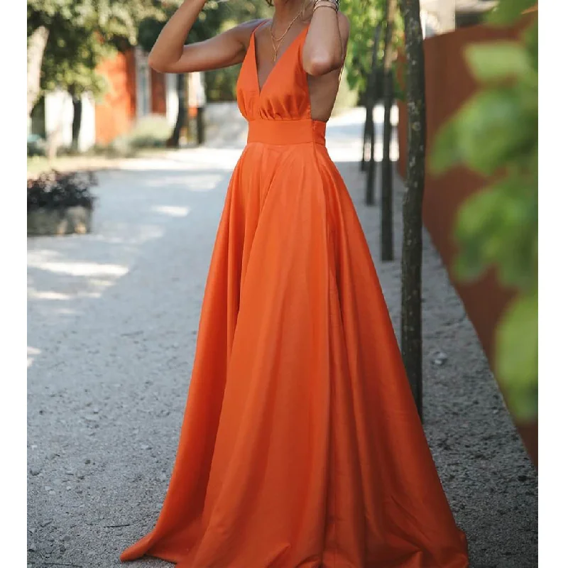 Spaghetti Straps V-neck Satin A-line Backless Charming Prom Dresses, FC2298 Tunics Short Trendy