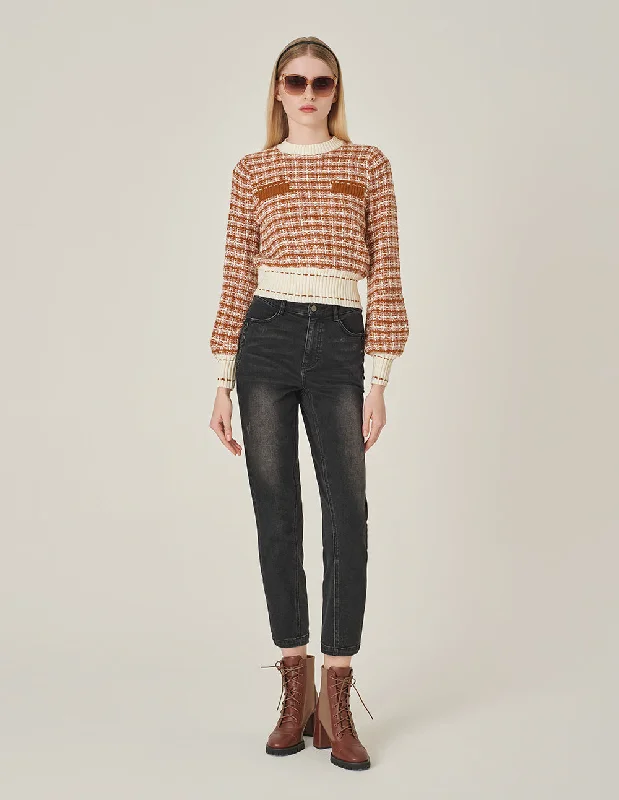 MARYLING Plaid Round Neck Long-Sleeved Cropped Knit Sweater Iron Safe Non-Iron Wrinkle Free