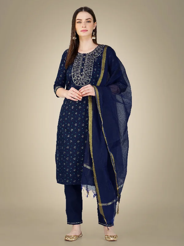 Women's Navy Blue Cotton Magic Slub Embroidery & Sequence Work Kurta With Trouser & Dupatta - Jyoti Fashion Trousers Striped Patterned