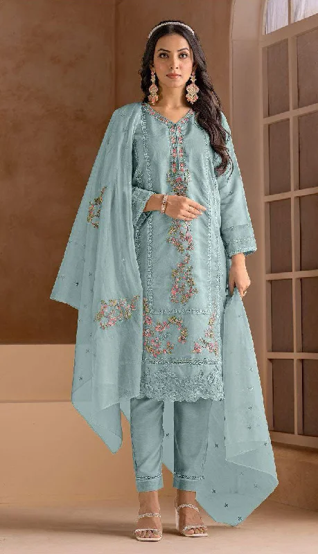 Women's Sky Blue Organza Embroidered Kurta With Trouser & Dupatta - Jyoti Fashion Trousers cozy comfortable