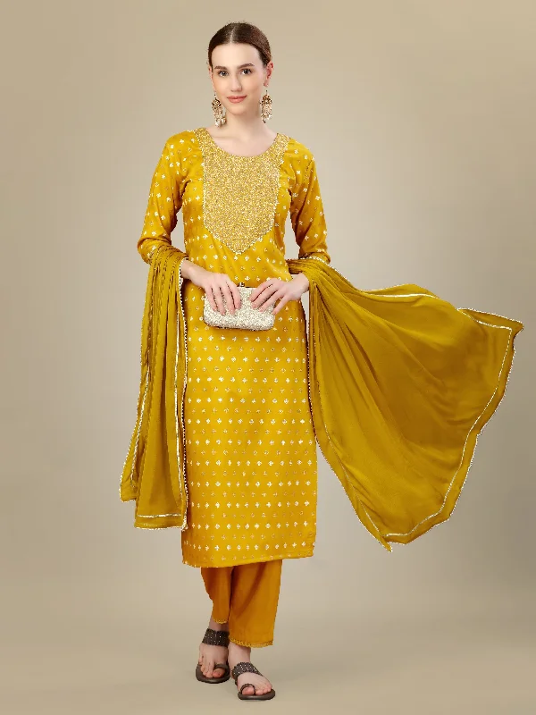 Women's Golden Silk Blend Embroidery & Sequence Work Kurta With Trouser & Dupatta - Jyoti Fashion Trousers Fall Fleece