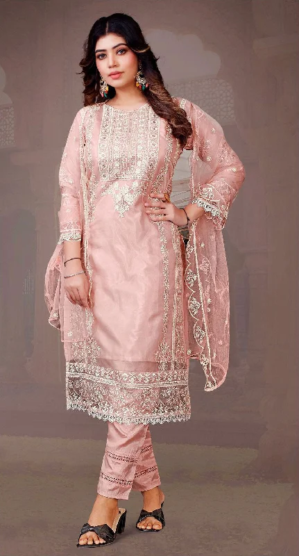 Women's Peach Organza Embroidered Kurta With Trouser & Dupatta - Jyoti Fashion Trousers sophisticated sleek
