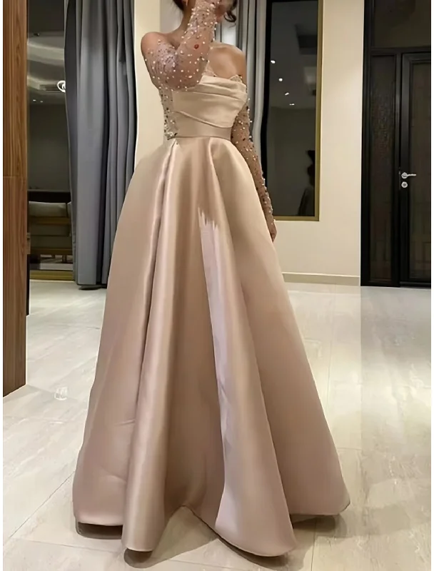 A-Line Evening Gown Princess Dress Formal Floor Length Long Sleeve Sweetheart Satin with Pleats Ruched Beading Tunics Silk luxurious A-Line Evening Gown Princess Dress Formal Floor Length Long Sleeve Sweetheart Satin with Pleats Ruched Beading Tunics Silk luxurious