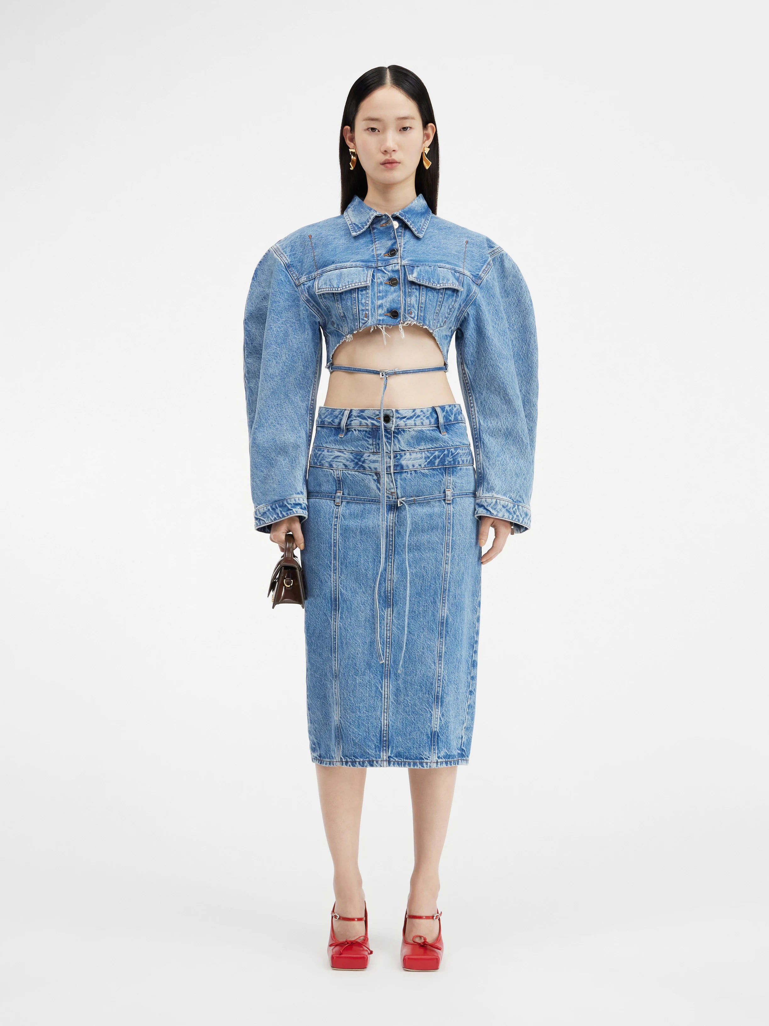 Jacquemus Belted Denim Pencil Skirt Light Blue/Tabac lightweight skirt design