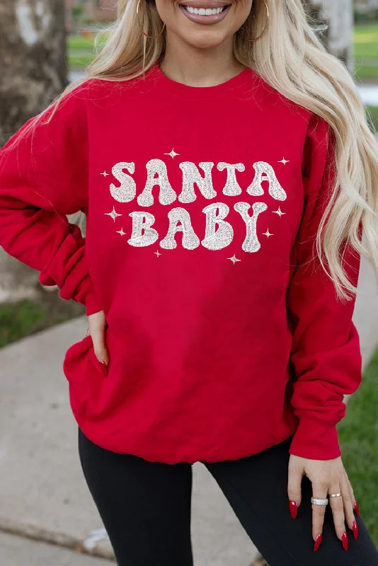 Red SANTA BABY Embroidered Crewneck Christmas Sweatshirt Hoodie with Zipper Placket Modern Functional