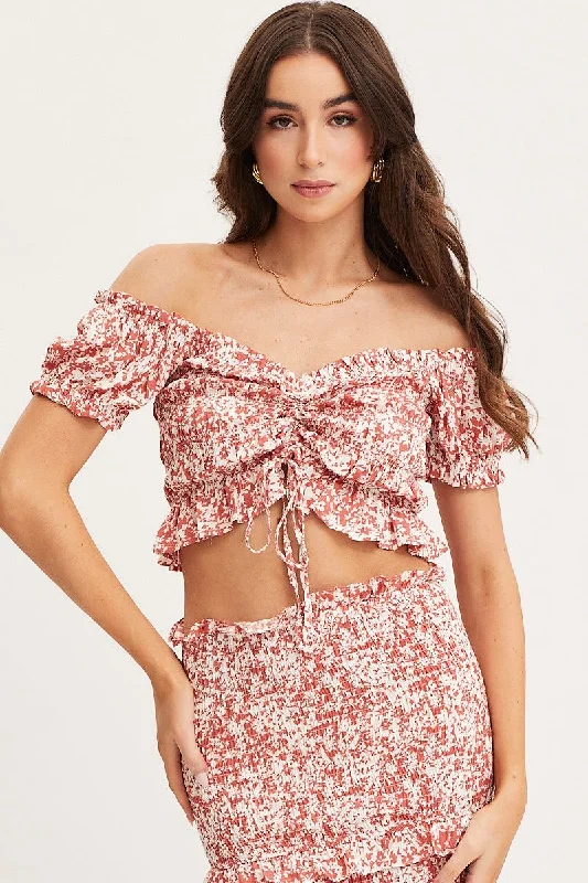 Print Crop Top Short Sleeve Tie Up Notch Collar Peter Pan Collar Cowl Neck