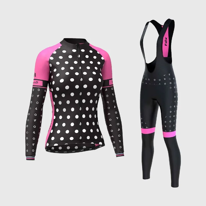 Fdx Women's & Girl's Set Polka Dots Thermal Super Roubaix Pink Cycling Jersey & Bib Tights Turtle Neck Jersey Shirt