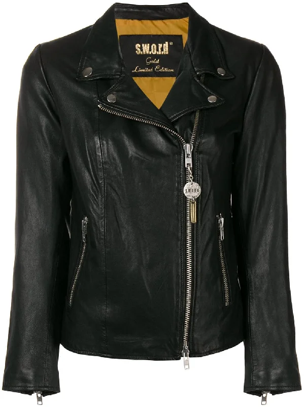 zip-up biker jacket Front Pockets Side Pockets Patch Pockets