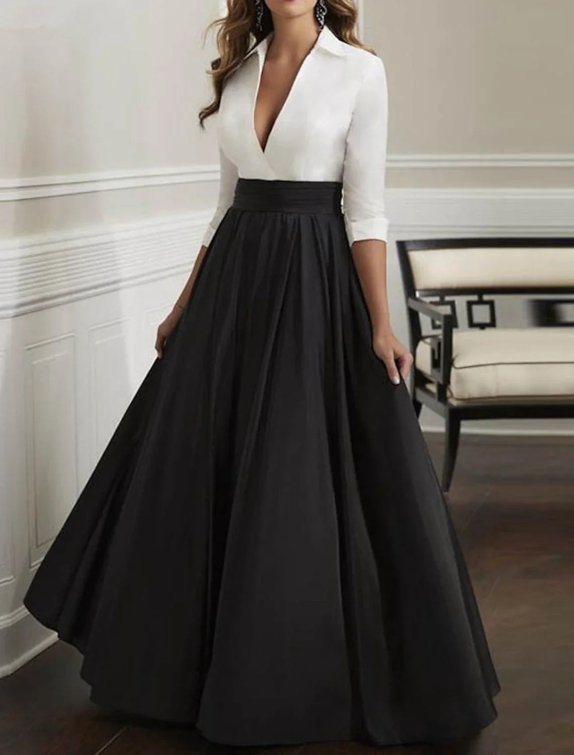 A-Line Evening Gown Color Black Dress Plus Size Wedding Guest Evening Party Floor Length 3/4 Length Sleeve Shirt Collar Italy Satin with Print Tunics Favorite customer A-Line Evening Gown Color Black Dress Plus Size Wedding Guest Evening Party Floor Length 3/4 Length Sleeve Shirt Collar Italy Satin with Print Tunics Favorite customer